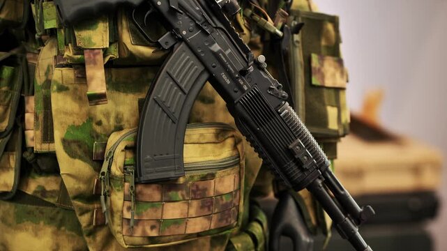 Soldier wearing camouflage vest holding a modern ak-47 assault rifle