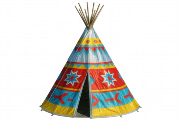 Traditional native american dwelling, a colorful teepee tent with geometric patterns, isolated on transparent background, ready for compositing