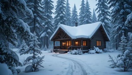 Cozy Log Cabin Retreat in a Snowy Winter Forest at Dusk.