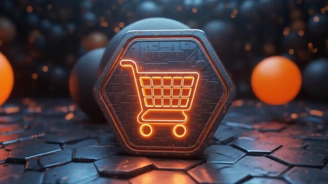 Shopping icon concept engraved on a metal hexagonal base background. The trolley logo glows on an abstract digital surface. 3D rendering. 4k video.