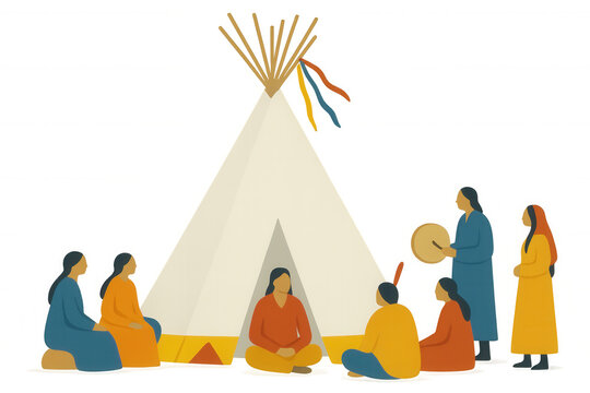Native american tribe members playing music and meditating around teepee in a colorful illustration with transparent background