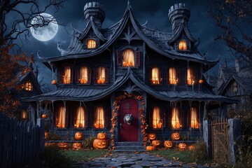 Fototapeta premium Haunted Mansion Halloween Wallpaper, Spooky Haunted House Background, Dark Halloween Night Scene, Ghostly Gothic Wallpaper