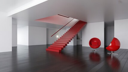 Bright interior with red staircase and red egg chairs on dark floor image photo