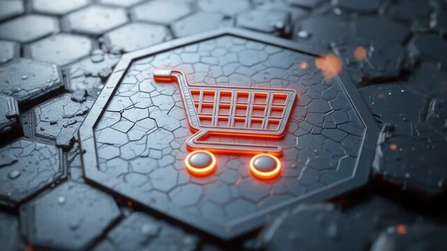 Shopping icon concept engraved on a metal hexagonal base background. The trolley logo glows on an abstract digital surface. 3D rendering. 4k video.