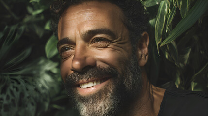 Smiling botanist observing tropical plants in greenhouse