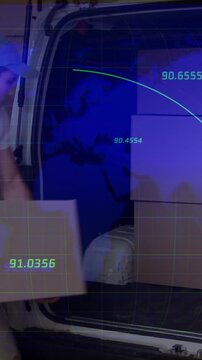 Delivery worker loading boxes into van with digital data overlay animation