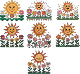 Retro Smiling Sun and Daisies Illustration &ndash; Vintage Art with Positive Quote on Beige Background