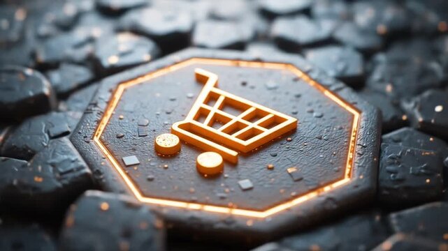 Shopping icon concept engraved on a metal hexagonal base background. The trolley logo glows on an abstract digital surface. 3D rendering. 4k video.