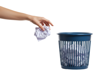 Throwing crumpled paper into blue trash bin office setting action shot clean environment waste management concept. Cut out png