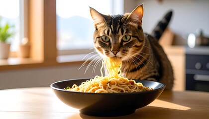 Cat eating noodles in kitchen.