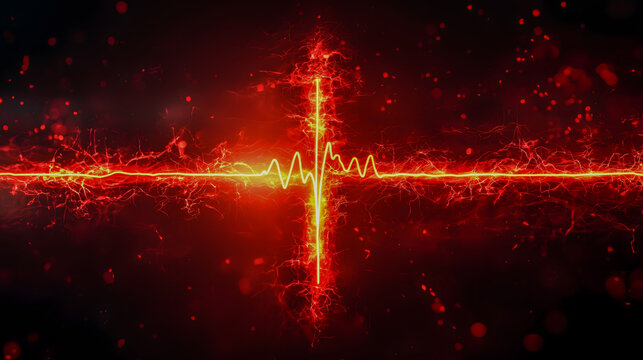 Luminous scene of neon medical cross with pulse glow / 医療心電図の背景