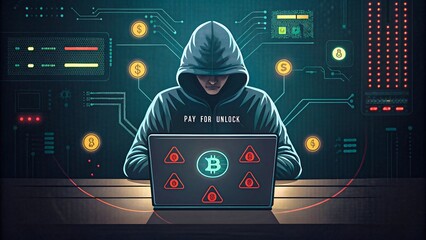 Hacker with hoodie using bitcoin laptop surrounded by cyber attack symbols and futuristic digital interface representing cybersecurity and cryptocurrency risk

