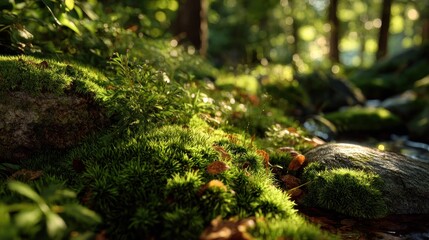 Obraz premium Sunlit forest floor with vibrant green moss covering rocks near stream