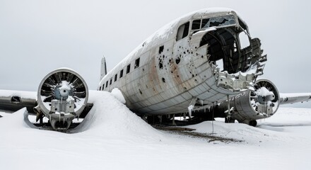 Abandoned aircraft wreckage in a snowy landscape