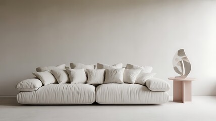 Luxurious oversized sofa with numerous plush pillows and modern side table interior living room