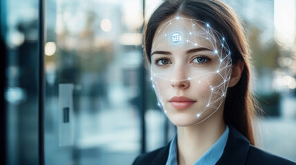 A woman with a digital interface overlay on her face in front of a blurry background with a door