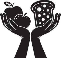 Hands Holding Food Black and White Illustration of Hands Offering Bread and Apples