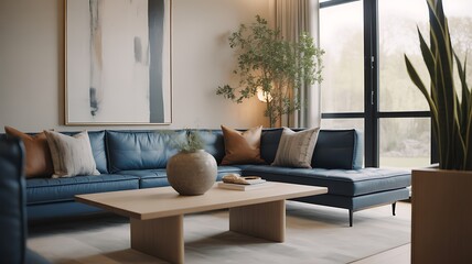 Fototapeta premium Modern living room with blue sectional sofa and abstract art blue sofa