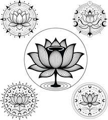 Sacred Geometry Lotus Mandala with Moons and Stars Black and White Line Art