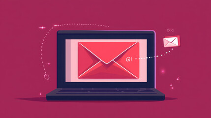 A laptop displaying a red envelope with another envelope floating with dotted lines on a pink background