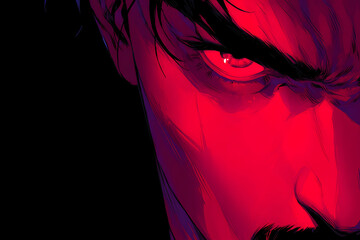 comic book villain, close-up of the villains face in a sharply-drawn comic panel with dramatic lighting