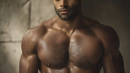 Fototapeta premium Muscular bodybuilder showing his defined pectoral muscles