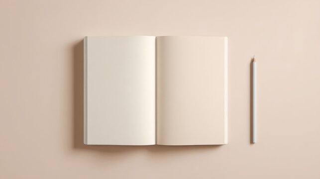 Open notebook with cardboard folder and white pencil mockup presents a clean organized workspace with minimalist natural charm.