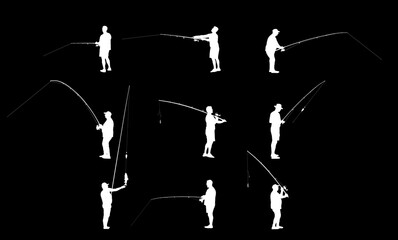 Fisherman with fishing rod in his hand catch the fish vector silhouette illustration isolated. Outdoor leisure fishing sport activity. Hobby by water in nature. Fisher man go to river, lake or sea.