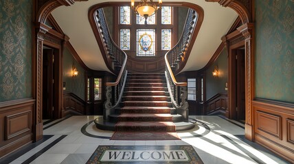 Ornate Staircase Foyer with Stained Glass and Welcome Mat interior grand