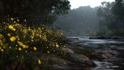 Firefly Riverbank Dusk Magical fireflies illuminate plants along a calm river at twilight, perfect for fantasy or nature themes