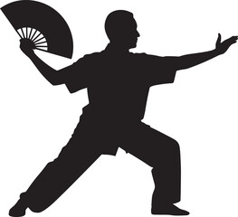 Silhouette of a Man Practicing Tai Chi with a Fan in a Dynamic Pose on Transparent Backdrop