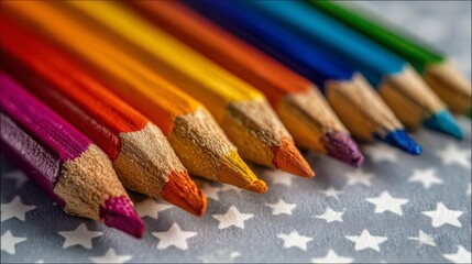 Close up of colorful pencils on star patterned paper bursts with playful energy and vibrant creative potential in bold contrast.