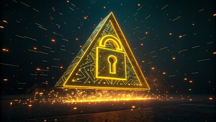 Glowing triangular lock icon with digital circuit background symbolizing cybersecurity, encryption, data protection, secure access, and futuristic technology

