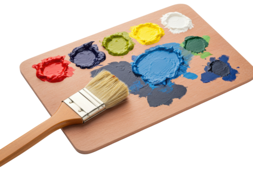 Painting action with palette and brush studio environment artistic creation vibrant colors. Cut out png