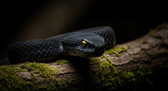 Close Up of a Black Viper Snake on a Moss Covered Branch with Dark Moody Lighting