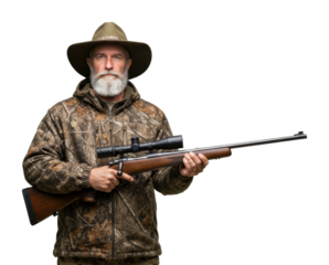 Hunting enthusiast with rifle outdoor location portrait natural environment adventure concept. Cut out png