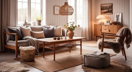 Serene Scandinavian Living Room: Warm Wood, Textured Neutrals, and Soft Lighting