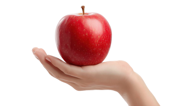 A hand holding a red apple