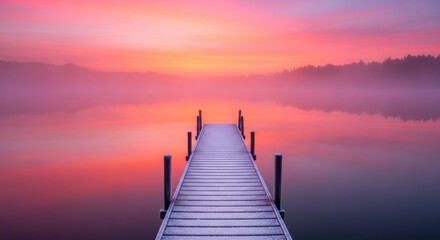 Obraz premium Serene Morning Mist Over a Calm Lake with Wooden Dock