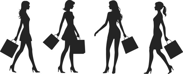 Fashion shopping silhouette, stylish women with bags, retail activity vector, elegant pose clipart, trendy female icons, lifestyle illustration