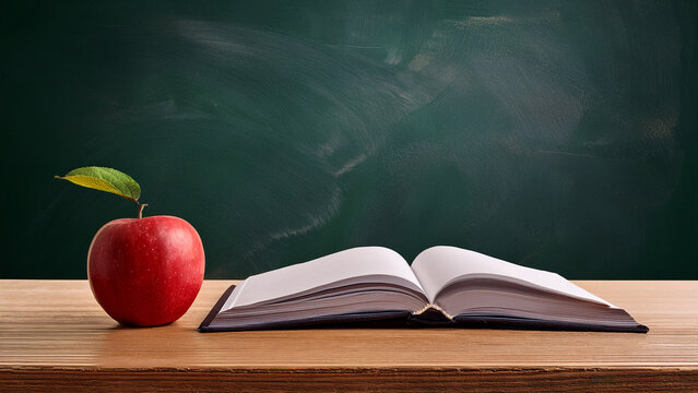 Teacher’s desk with a red apple and open book blank blackboard background