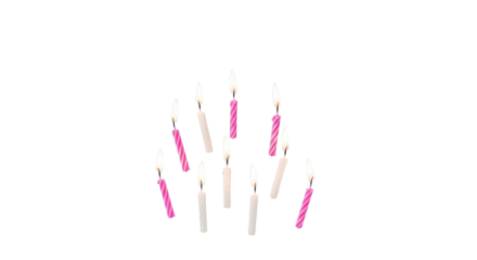 A celebratory collection of lit birthday candles arranged in a festive pattern on a dark background suggesting a special occasion