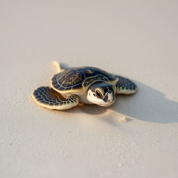 Baby sea turtle carling across the beach sand
