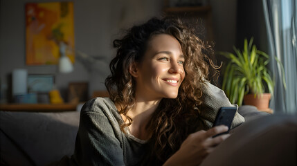 Smiling woman relaxing on sofa holding smartphone and looking away
