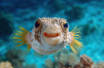 Happy Porcupinefish swimming in coral reef, underwater