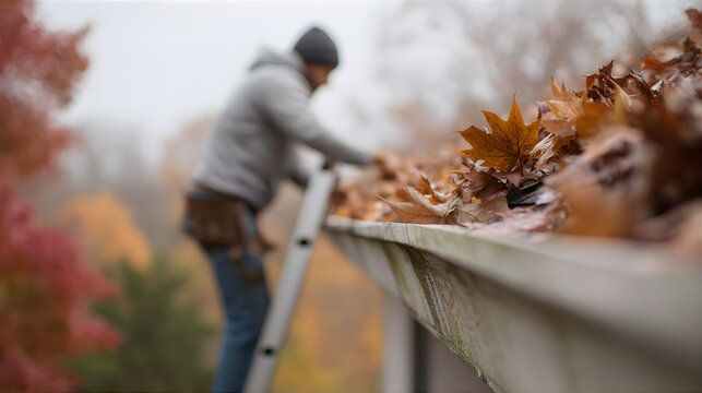 Man on a ladder cleaning a roof gutter full of autumn leaves. Home maintenance and seasonal work concept.