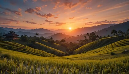 Fototapeta premium Golden Sunset over Lush Green Rice Terraces Landscape.