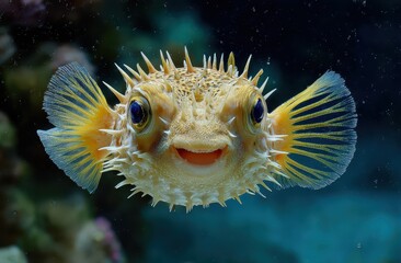 Happy pufferfish swims in aquarium tank