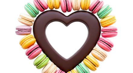 A Delicious Heart Shaped Arrangement of Colorful French Macarons Surrounding a Dark Chocolate Heart Confectionery