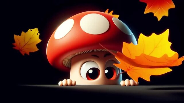 Funny 3D adorable amanita mushroom cartoon watching falling autumn leaves